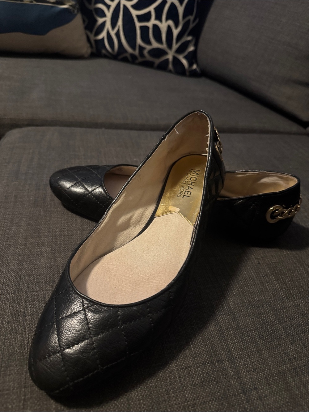 Michael Kors Black Quilted Leather Pointed Ballet Flats with Gold Chain Accent